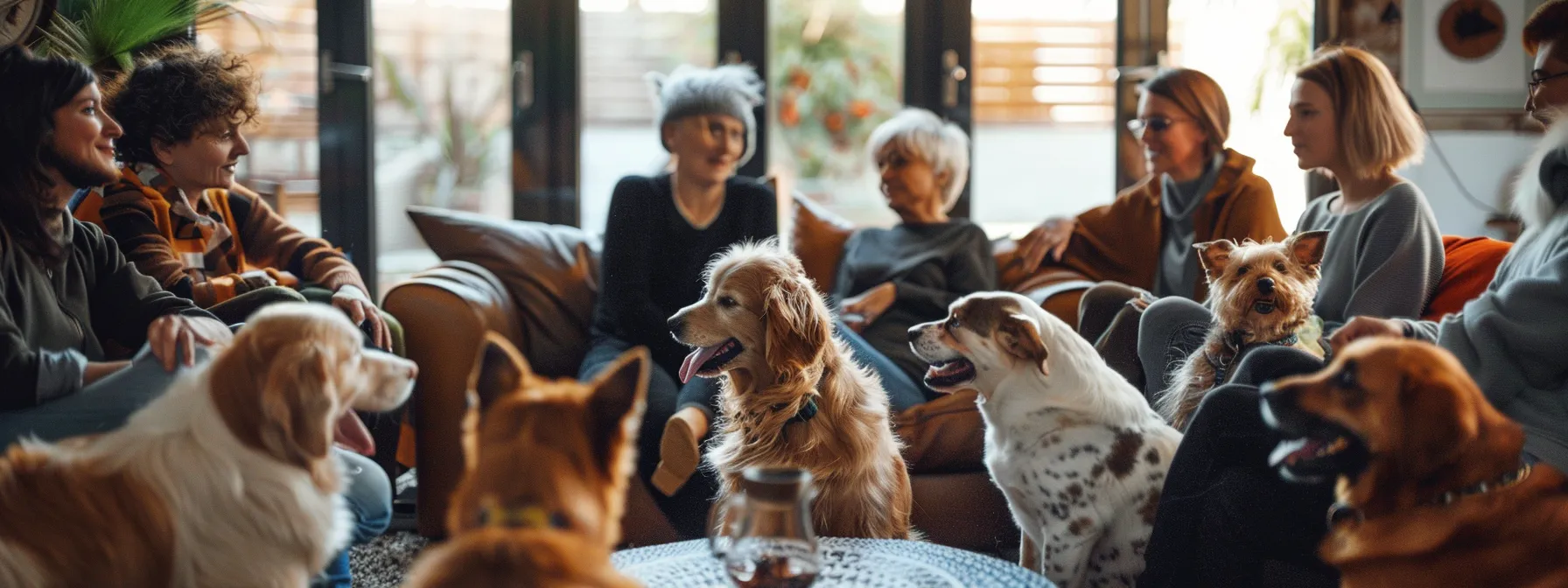 a group of pet owners sitting together, discussing and comparing gps tracker subscription plans to find the best cost-saving options.