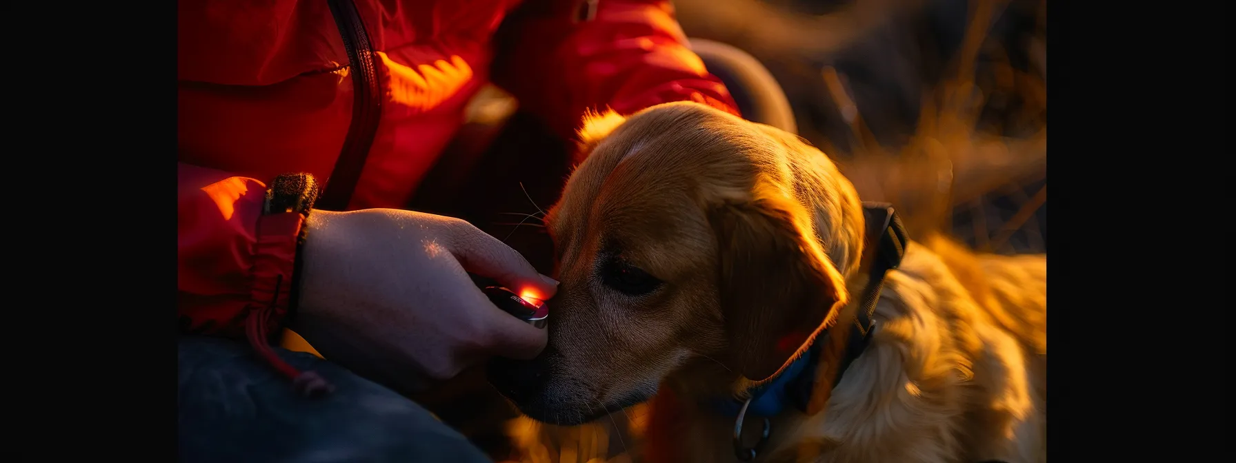 a person attaching a gps pet tracker collar on a dog.