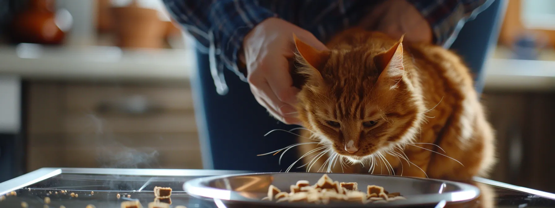 a pet owner carefully measuring out food portions for their aging cat.