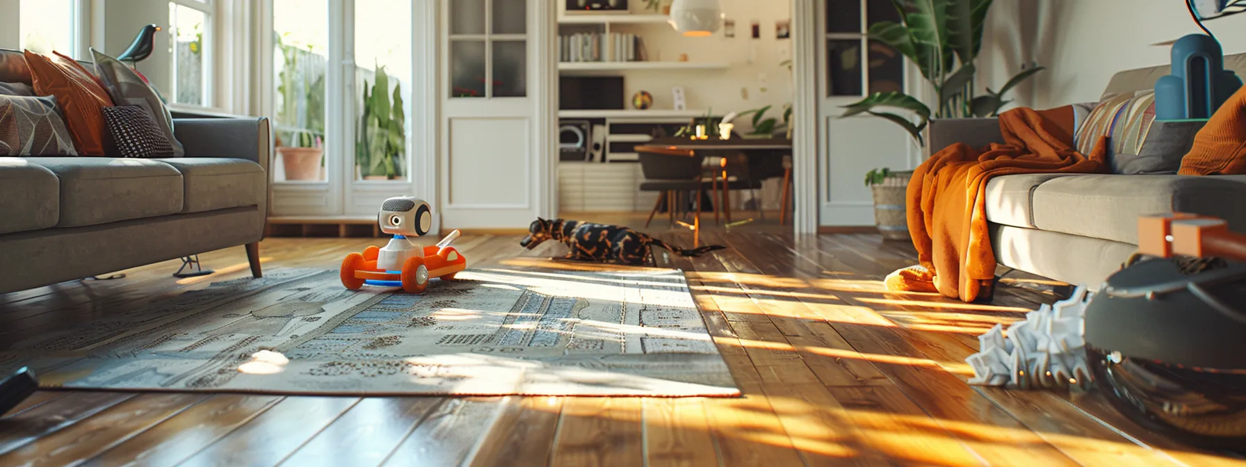 a playful dog excitedly chasing a robotic toy around a spacious living room.