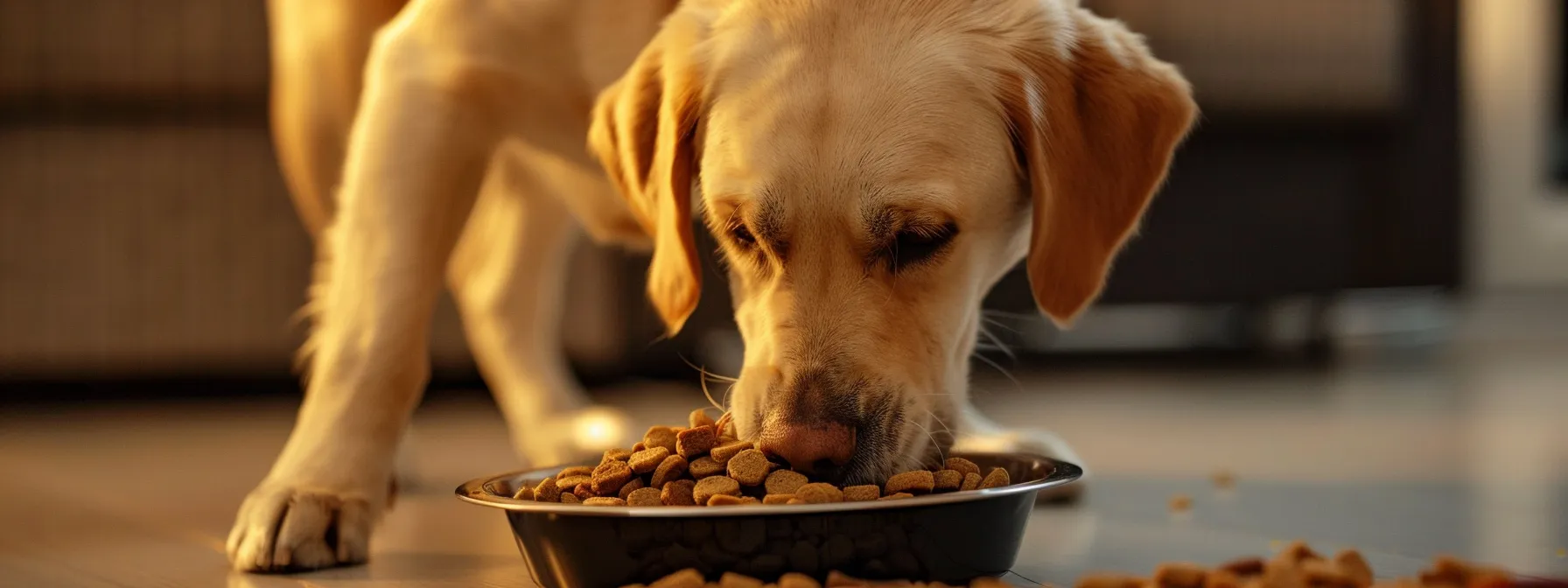 a dog happily eating a balanced meal that supports its health and well-being.