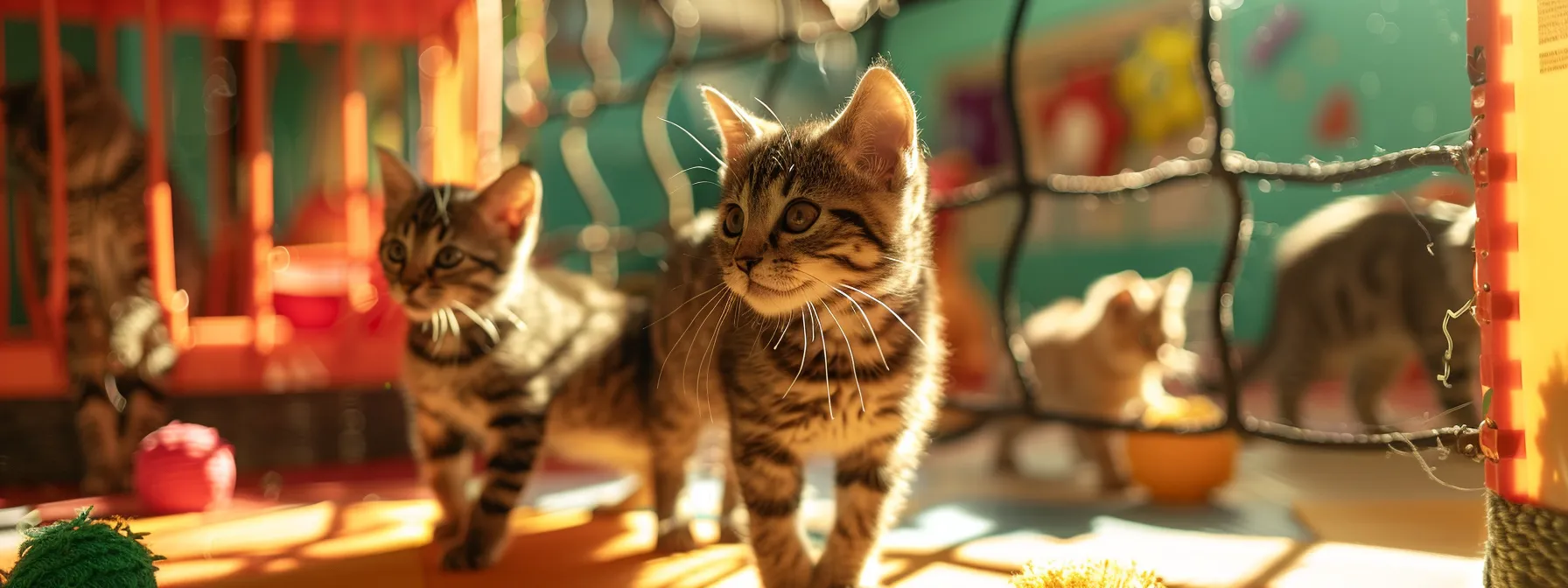 multiple cats playing with interactive smart toys in a shared play area.