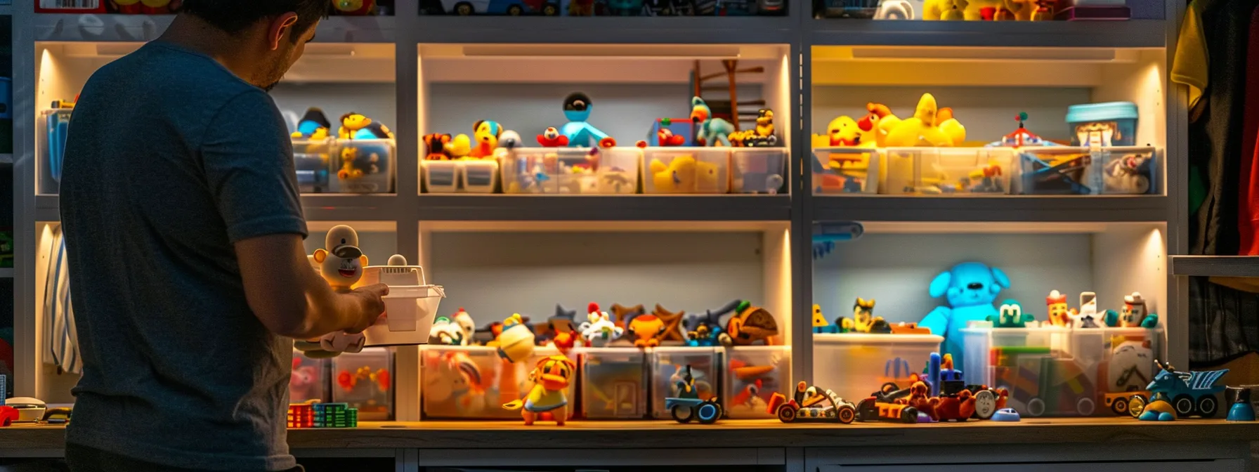 a person storing a variety of interactive toys in a clean and organized manner.