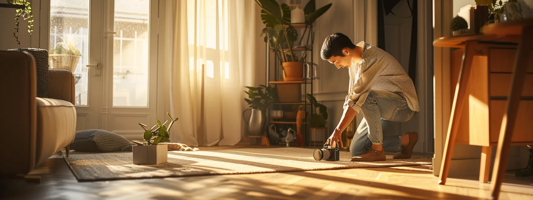 a person carefully placing a pet camera in a room, adjusting the angle to capture the entire space.