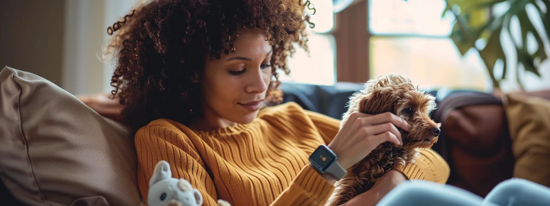 a pet owner looking at a fitness tracker on their furry companion, analyzing data with a focused expression.