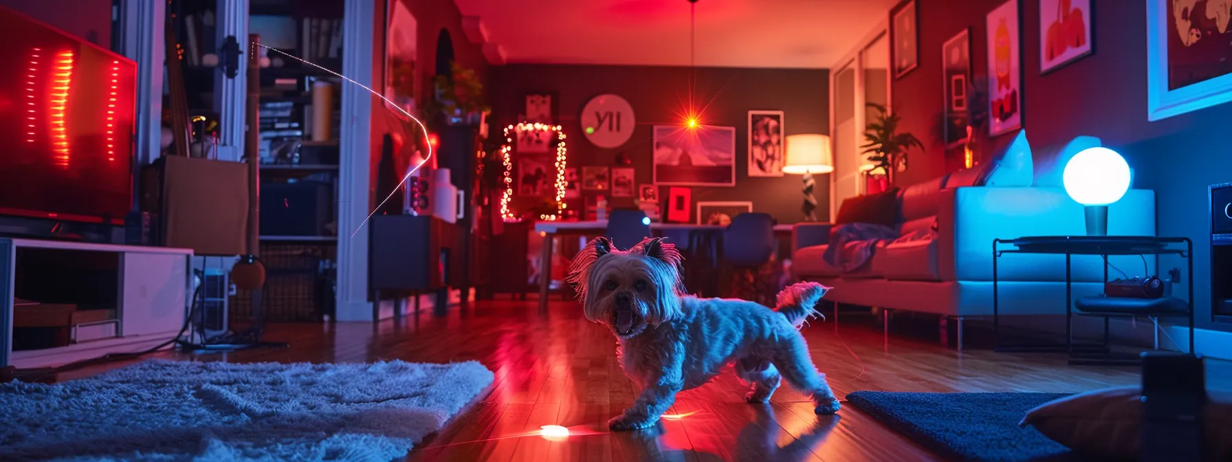 a pet enthusiastically chasing a laser toy around a room filled with high-tech gadgets.