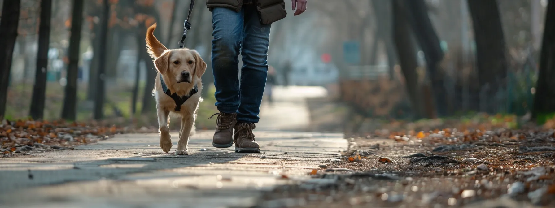 a dog walking obediently beside its owner wearing a no-pull harness.