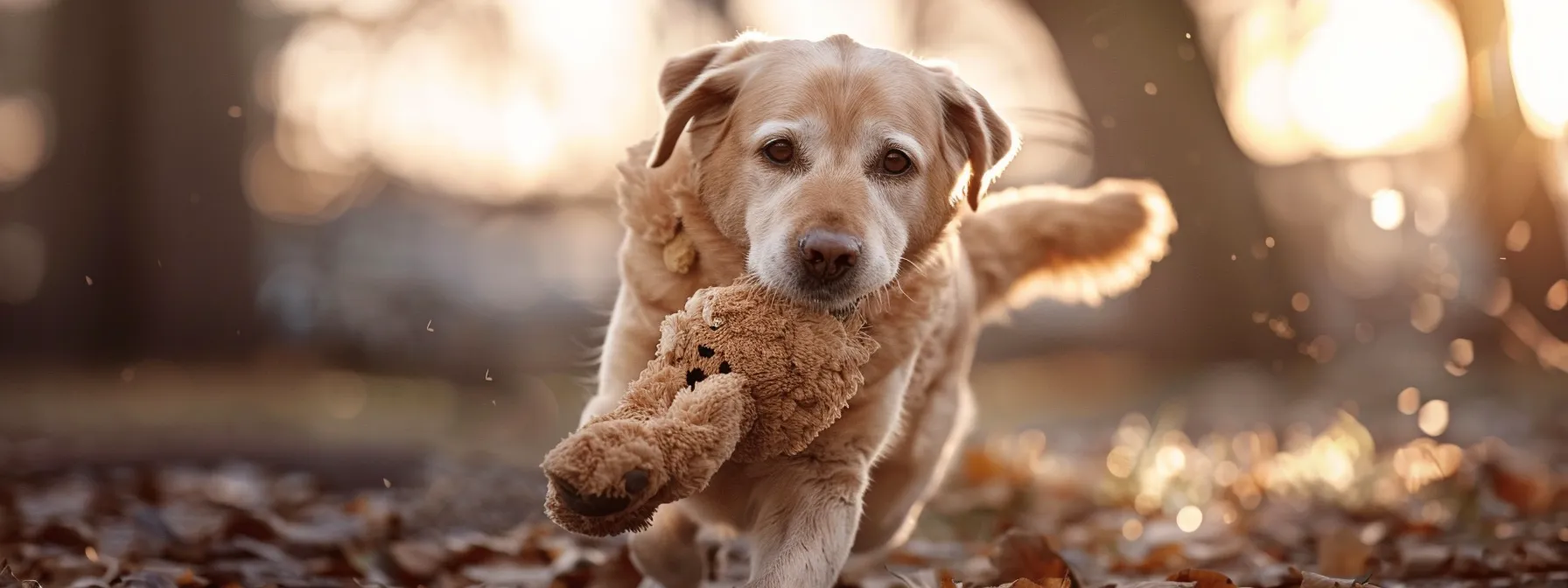 a senior dog gently carrying a lightweight, soft toy designed for pets with sensory and physical limitations.