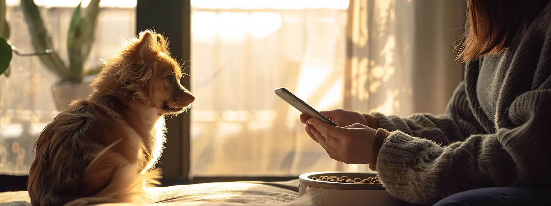 a person adjusting a smart feeder setting on their smartphone while their pet eagerly waits nearby.