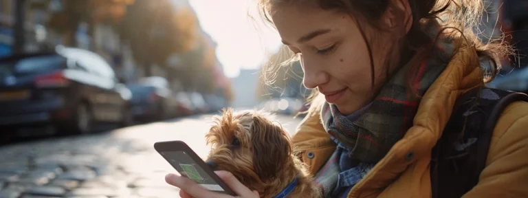 a woman receiving a notification on her phone from a gps tracking system showing her the location of her lost pet.