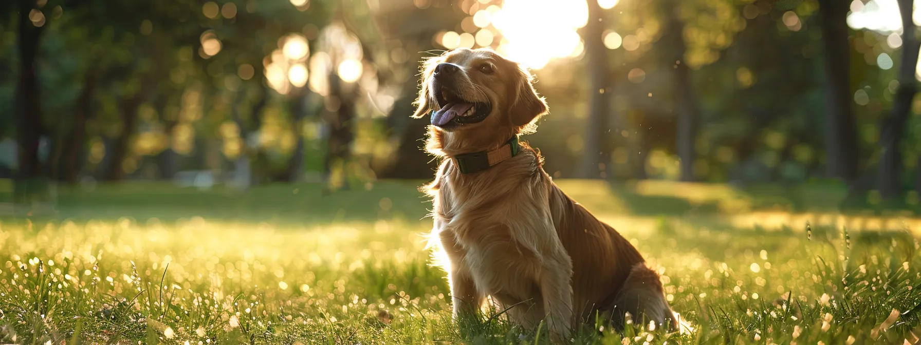 a dog wearing a fitness tracker happily playing in a park.