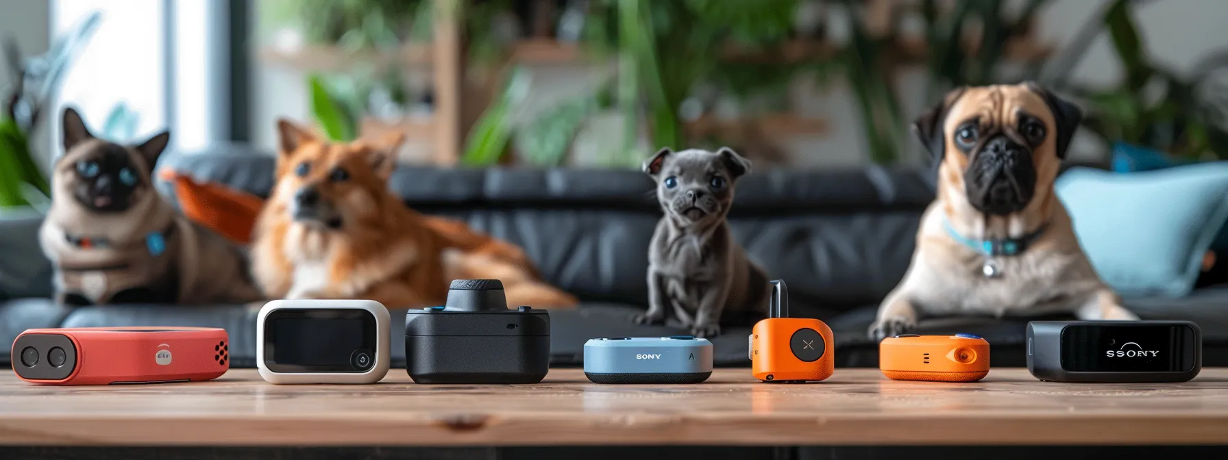 a variety of gps trackers for pets on a table, each with different features and price points.