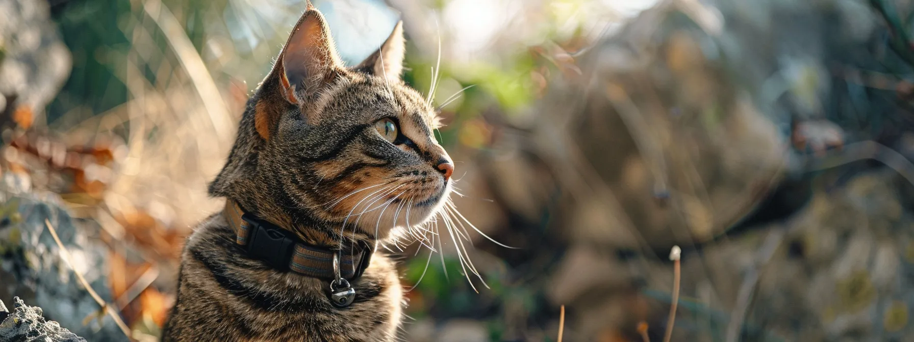 a cat wearing a gps collar with a durable silicone band exploring rugged outdoor terrain.