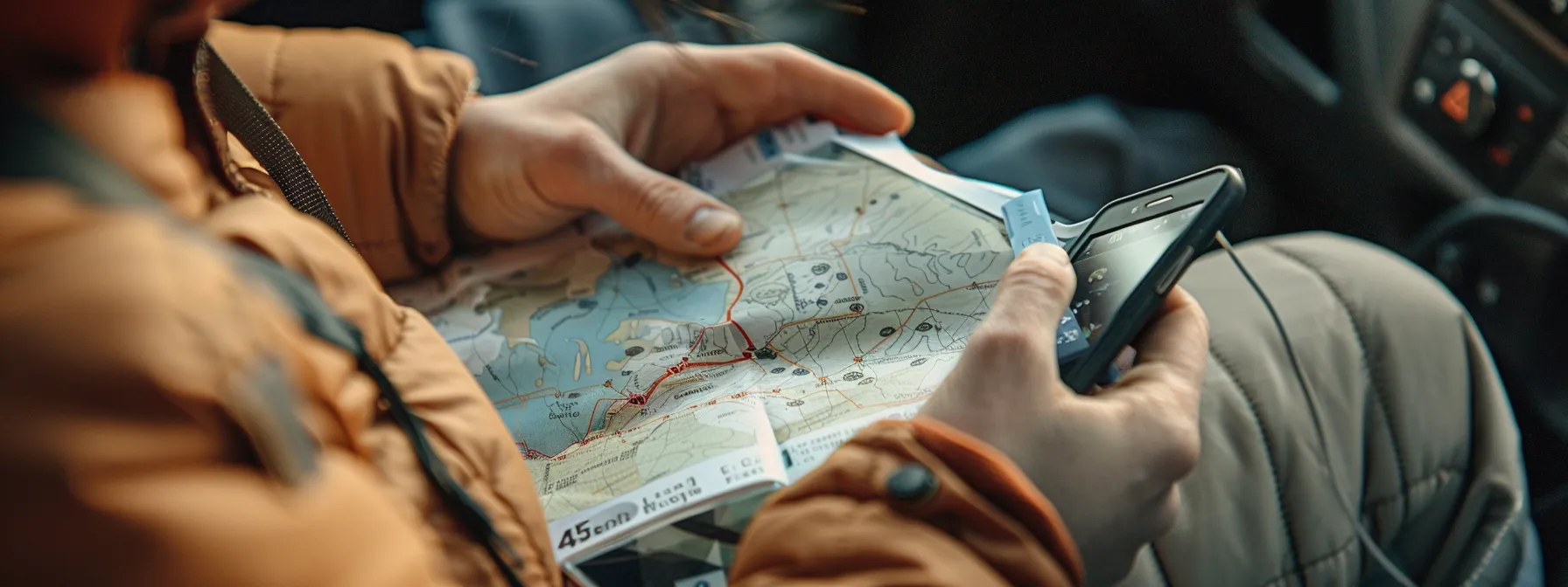 a person reading a detailed instruction manual while holding a gps tracker and a smartphone.