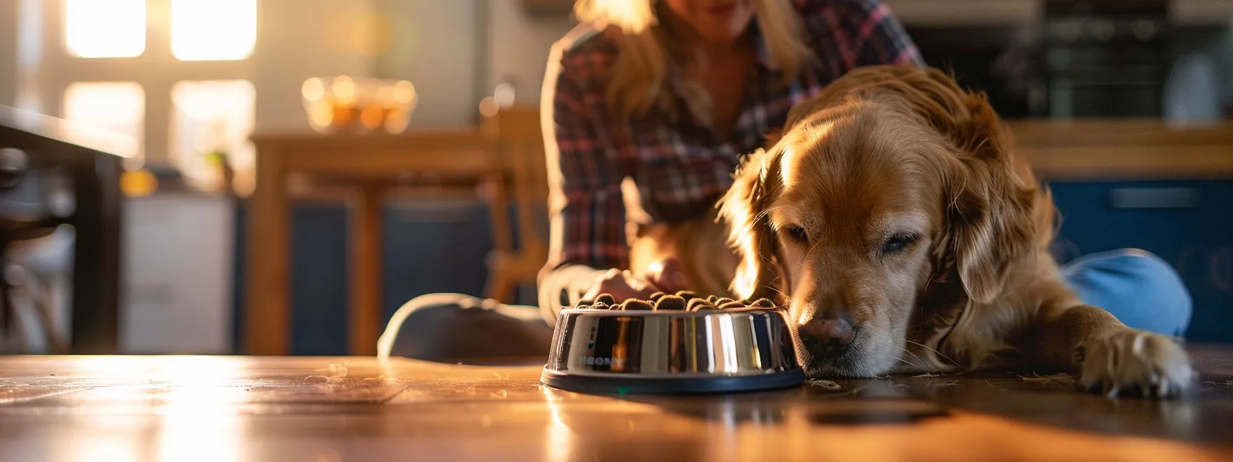 a dog owner carefully comparing the price of an automated feeder to the potential long-term benefits for their large breed dog.