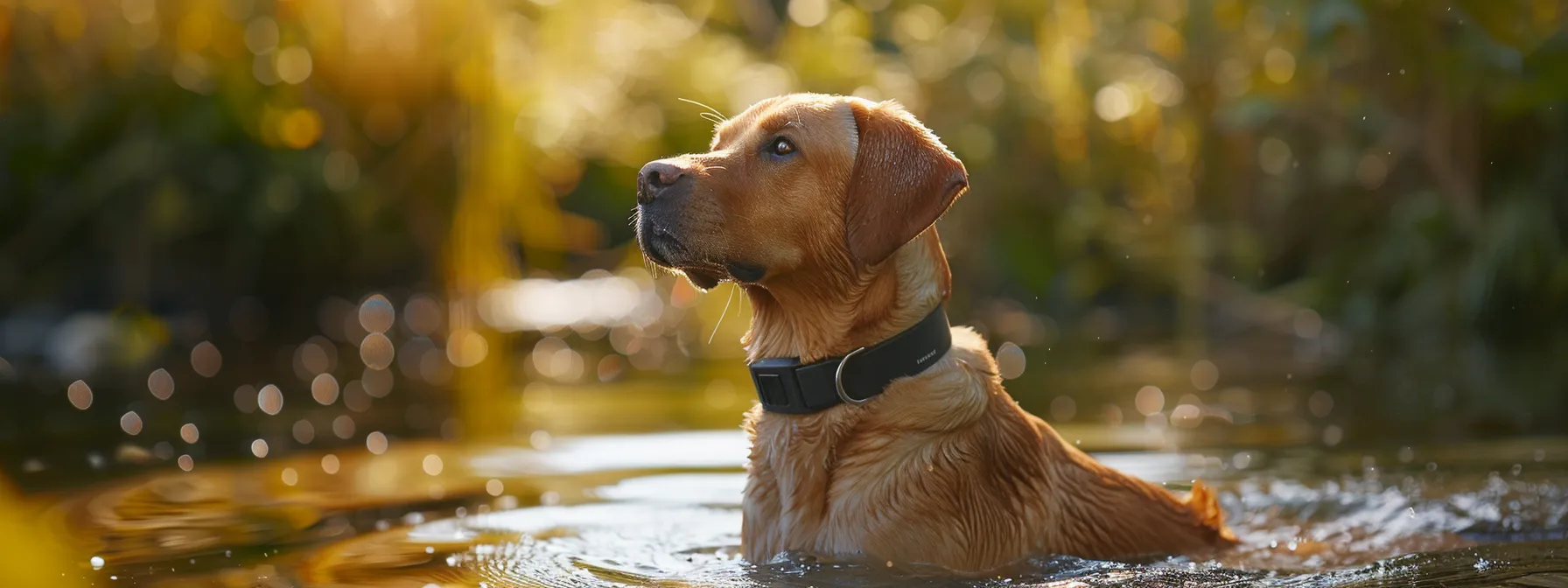 a labrador retriever wearing a durable fitness tracker with water resistance, tracking steps and distance accurately while playing in a pond.