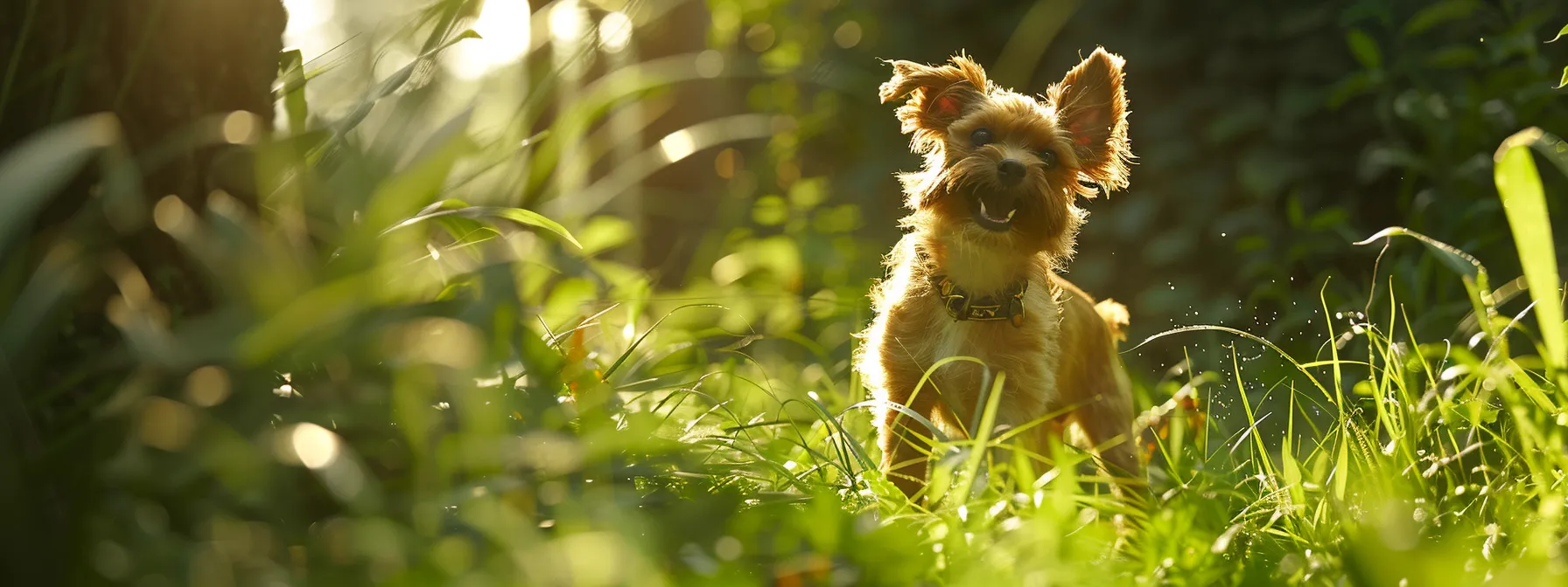 a pet playing happily in a lush and safe environment with a gps tracker attached.