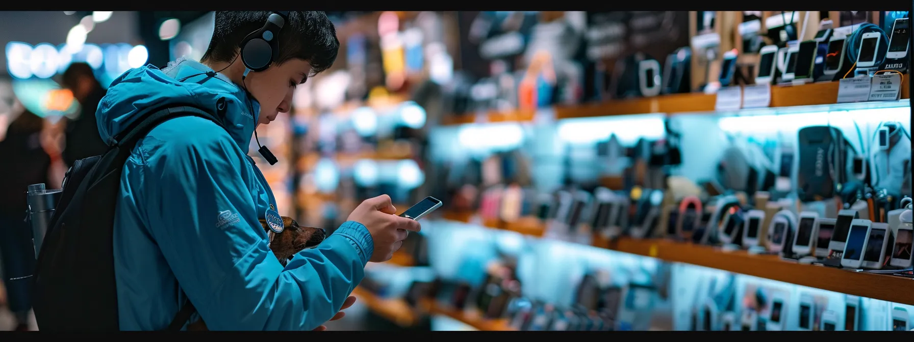 a person comparing different fitness trackers for pets in a store, looking at various features and prices.