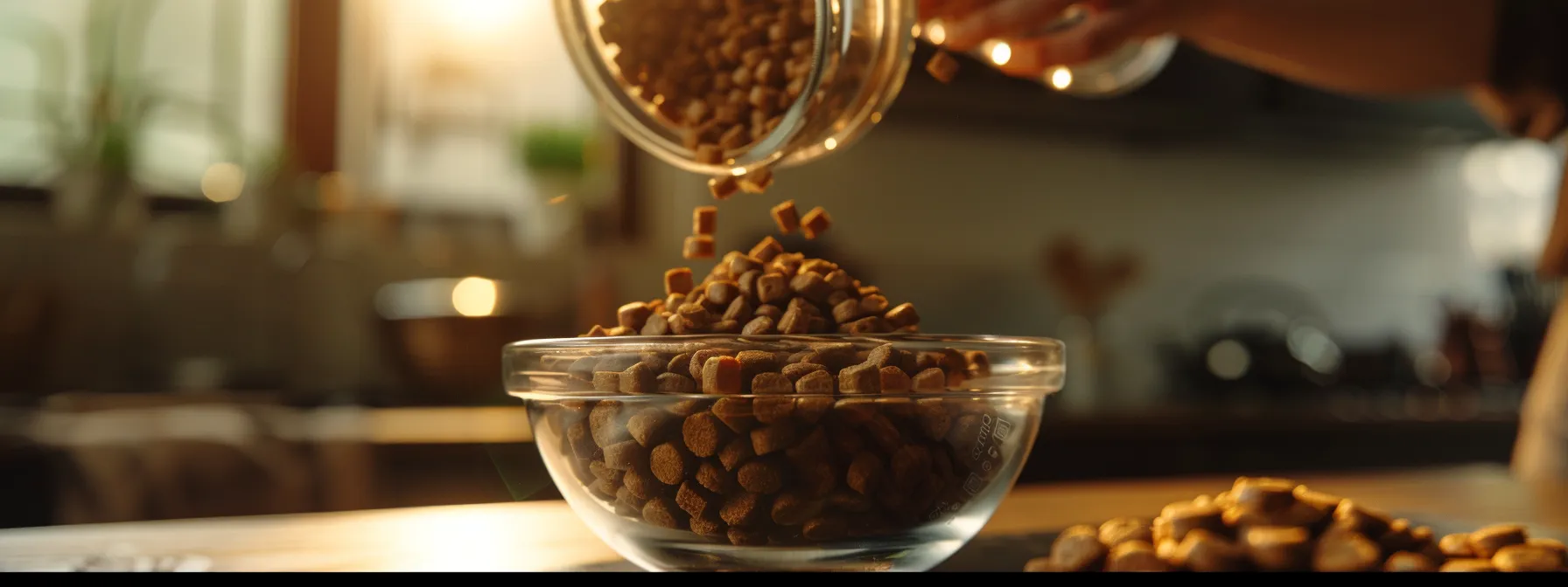 accurately measuring and pouring dog food into a bowl.