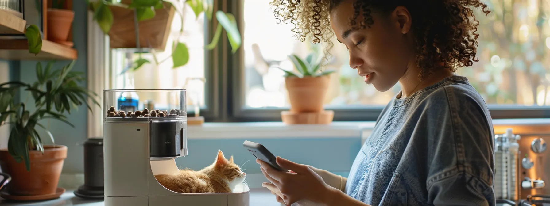 a pet owner adjusting the clock settings on a budget-friendly automated feeder while looking at their mobile device.