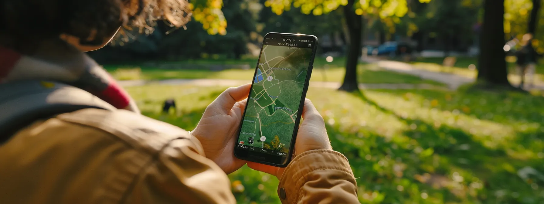 a person looking at their smartphone screen showing a map with a gps tracker location of their pet in a park.