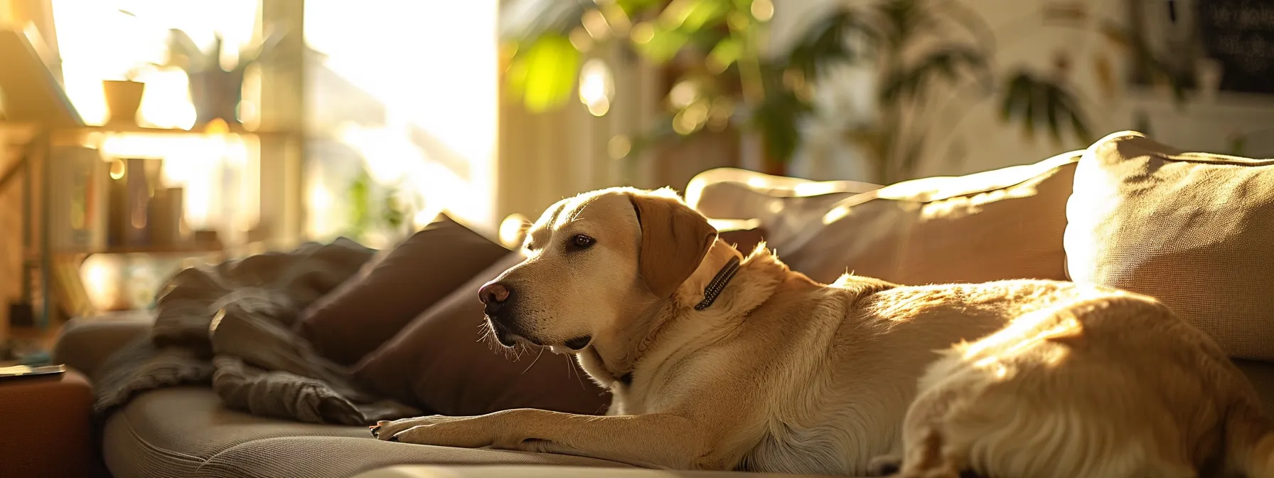 a dog wearing a gps tracker while lounging in a sunlit living room.