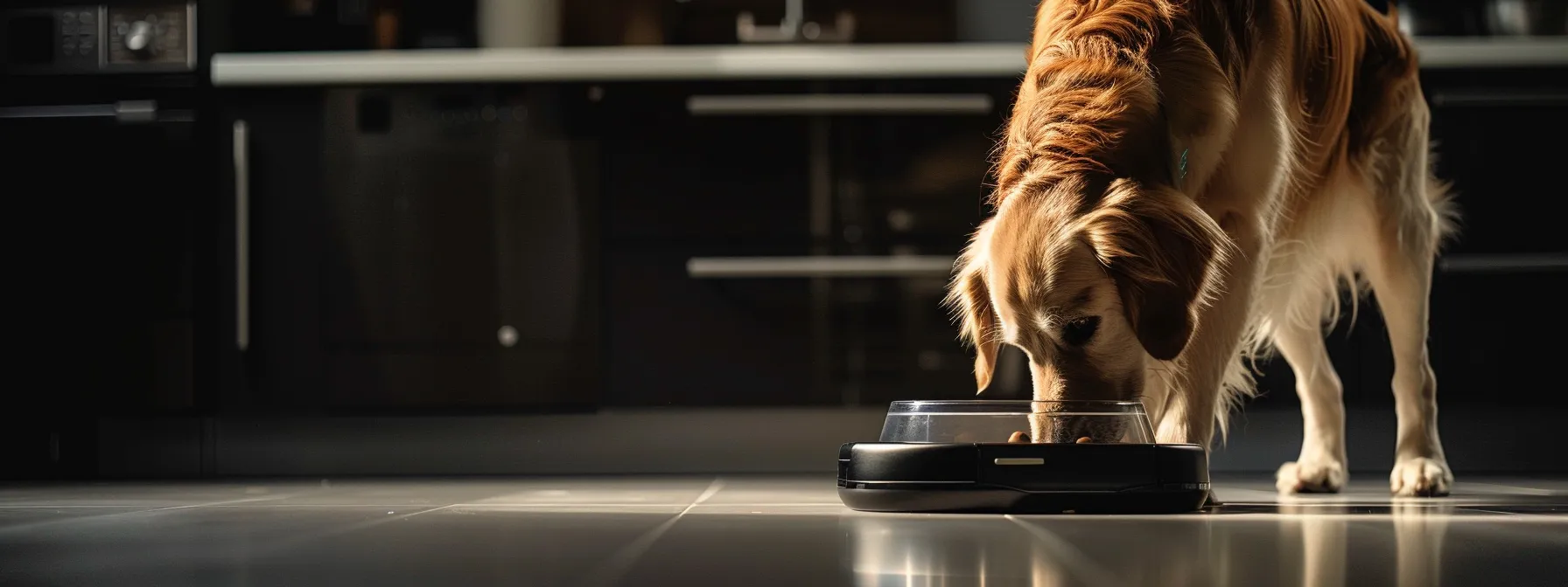 a large breed dog energetically interacts with an automated feeder, testing its durability.