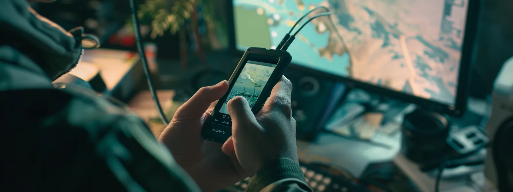 a person holding a gps pet tracker connected to a computer for a firmware update.