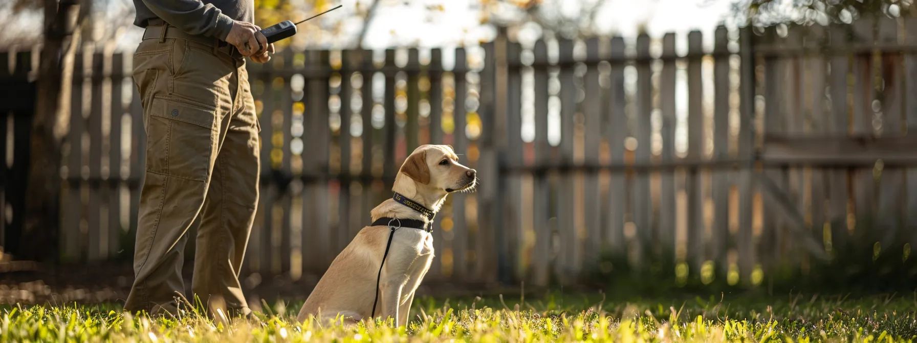a labrador retriever wearing a shock collar within a fenced yard, with an owner holding a remote control device.
