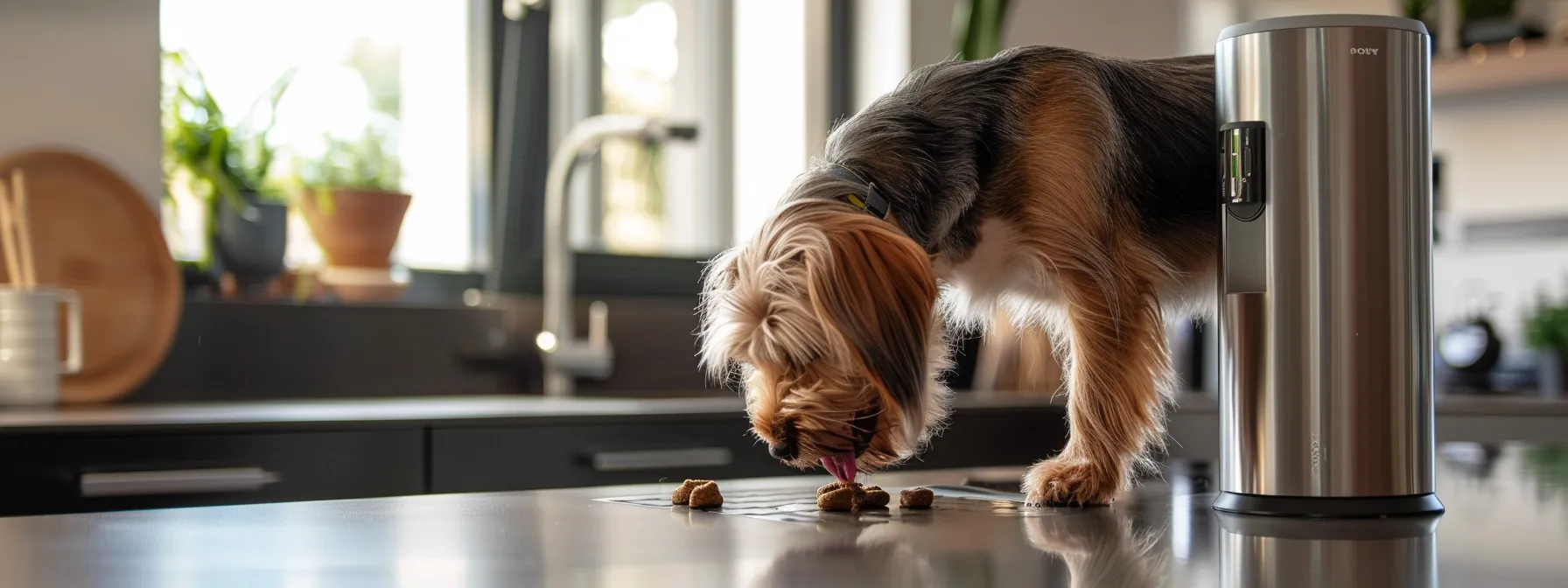 a sturdy and well-designed automated pet feeder made of stainless steel or durable plastic standing on a kitchen counter, with a happy dog eating from it.