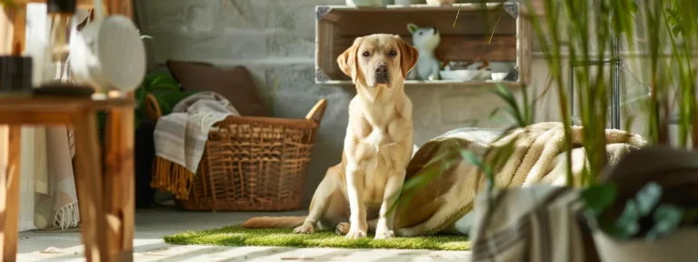 a dog sitting on a patch of grass surrounded by eco-friendly pet accessories.