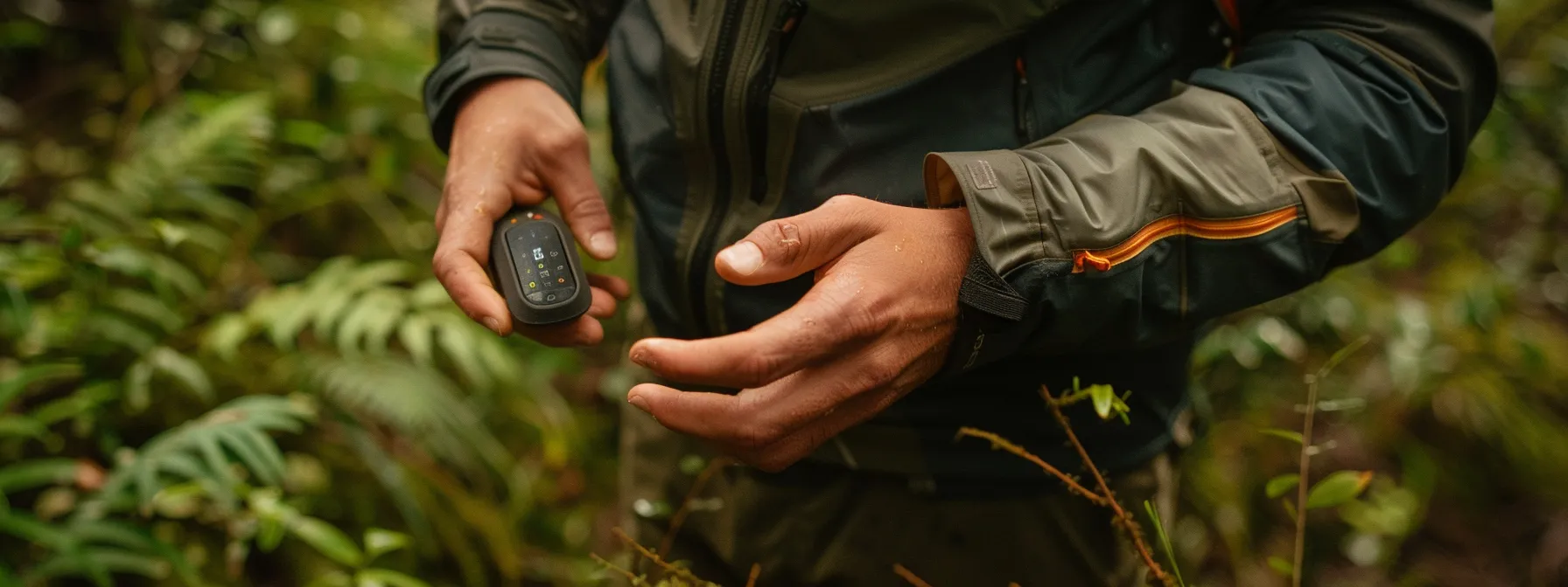 a person adjusting settings on a gps pet tracker in different environmental conditions to maximize battery efficiency.