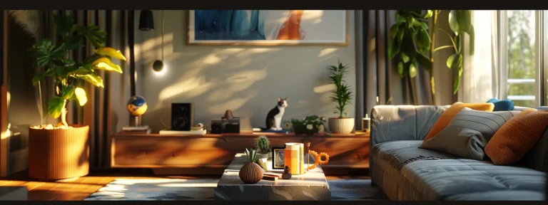 a camera mounted high on a wall, overlooking a cozy living room where a cat plays with a toy.
