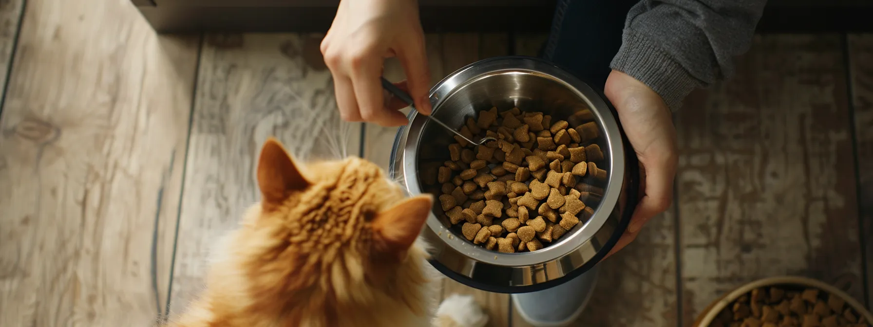 a person carefully measuring out the correct amount of food into a pet bowl.