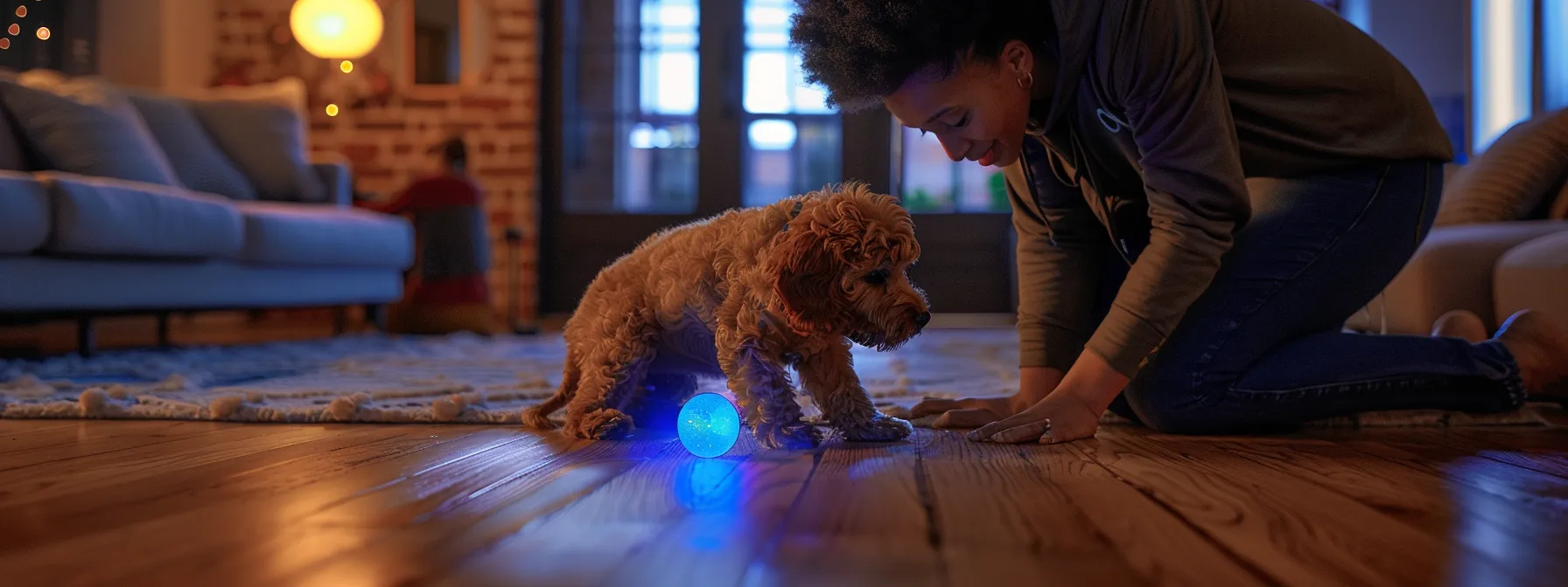 a dog playing with an interactive exercise tech toy, with its owner looking on in approval.