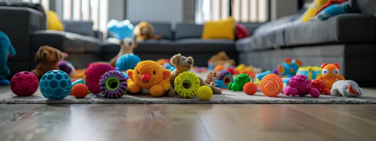 a variety of colorful and engaging dog toys scattered on the floor of a living room.