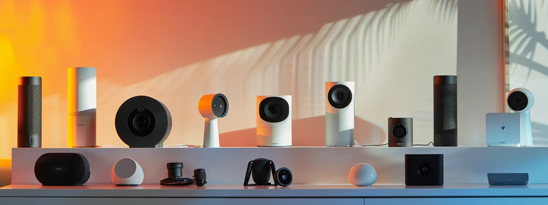 a selection of pet surveillance cameras displayed on a table, showcasing their sleek and modern designs.