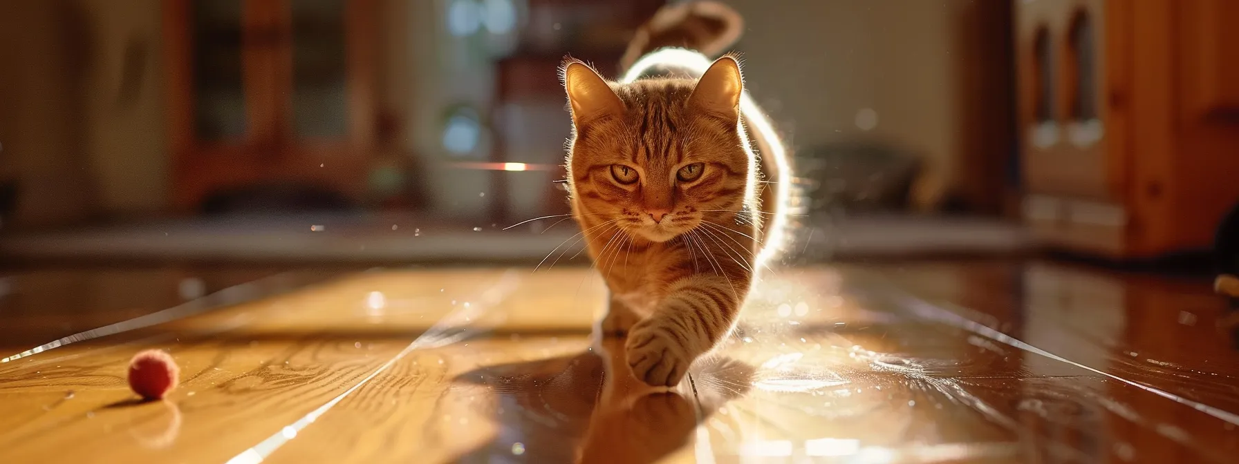 a cat pouncing enthusiastically on a motion-activated toy, eyes locked on the laser pointer as it dashes across the room.