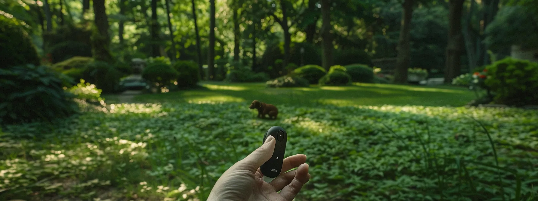 a person holding a gps pet tracker with advanced ai features in a lush green park, watching their pet play happily nearby.