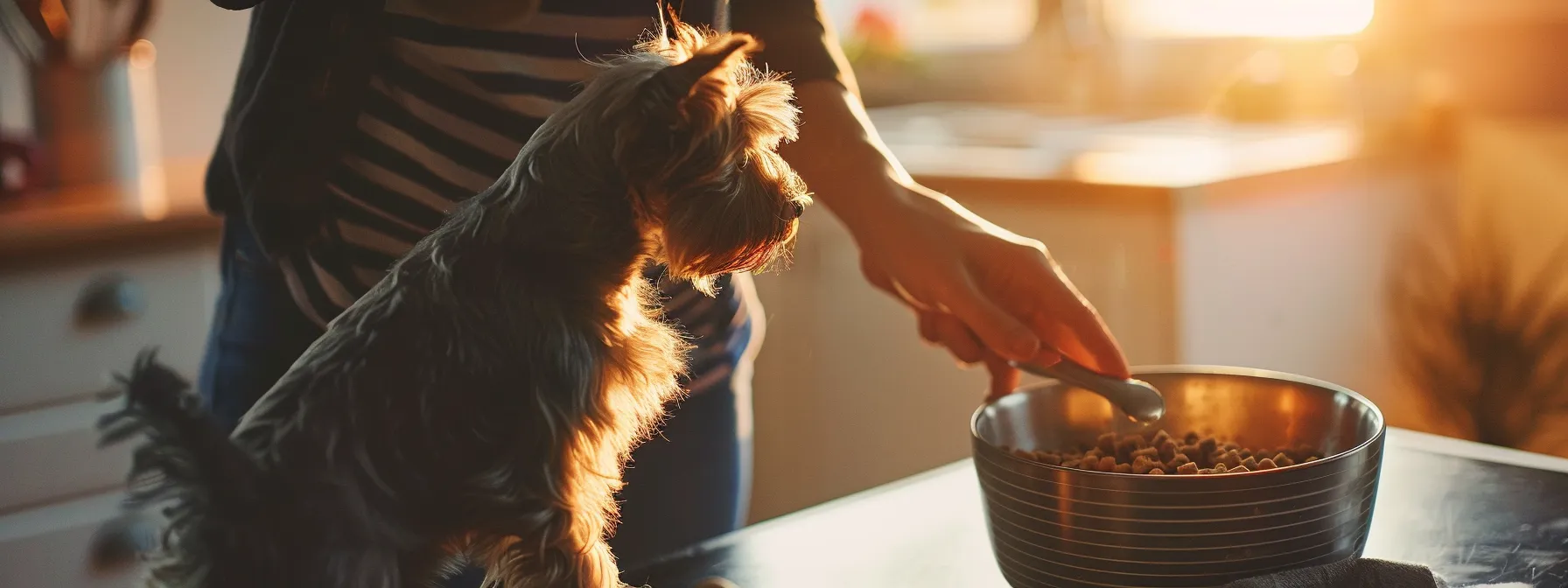 a pet owner preparing a bowl of food at the same time each day for their pet.