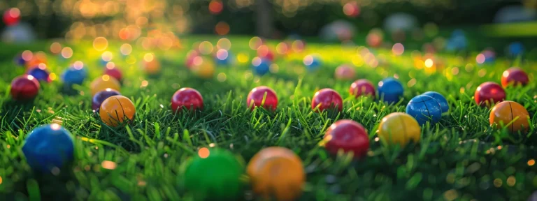 colorful balls and interactive gadgets scattered on a grassy lawn.