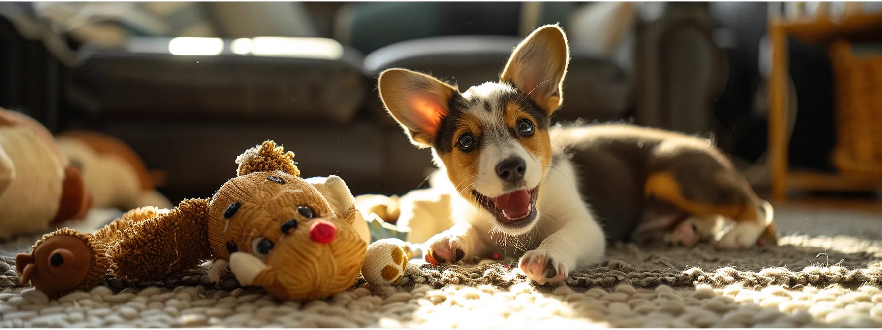 a happy dog playing with a singing mouse toy, plush starbarks toy, and burrow toys in a cozy living room.