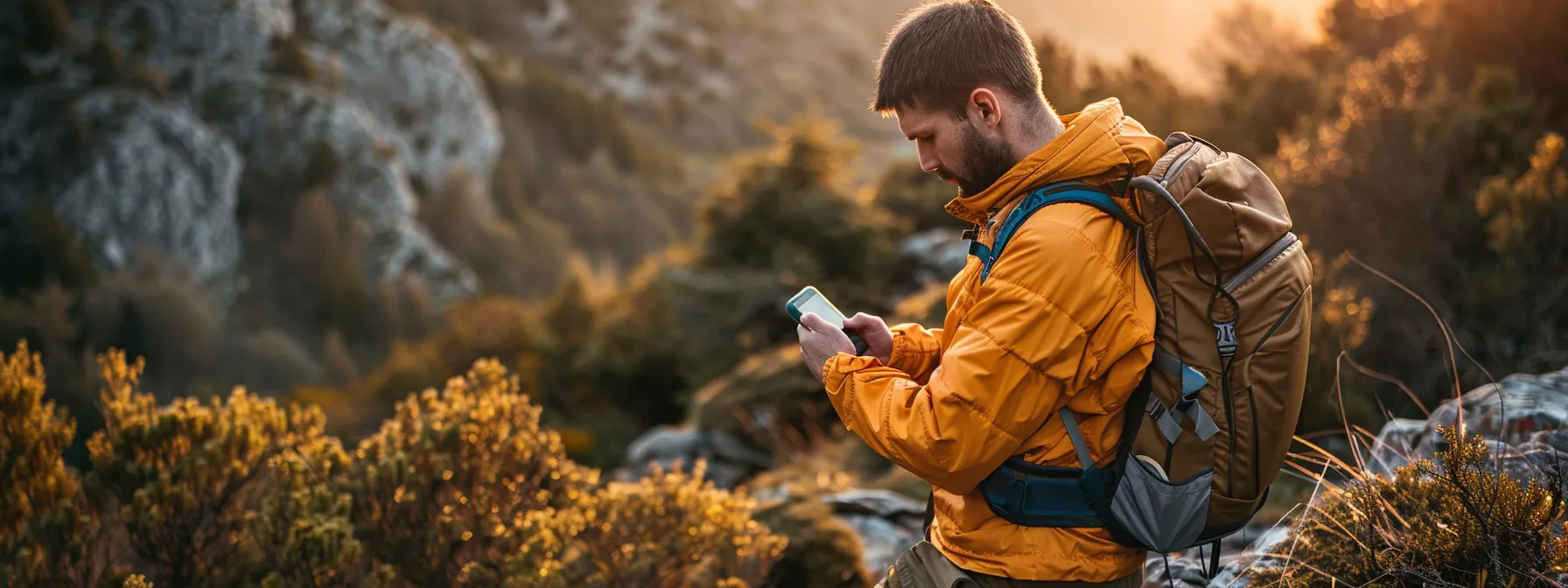 a hiker using a gps pet tracker outdoors while adjusting settings to conserve battery life.