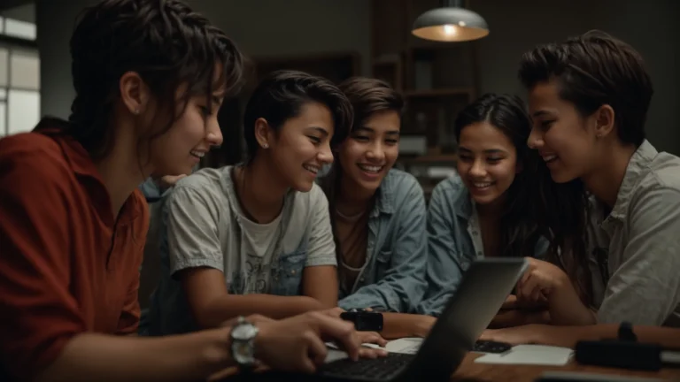 a group of young people huddled around a computer screen, visibly excited as they discuss a project.