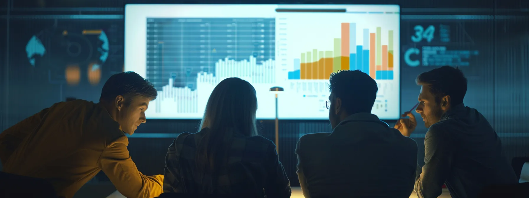 an agency team analyzing keyword metrics on a digital map interface.