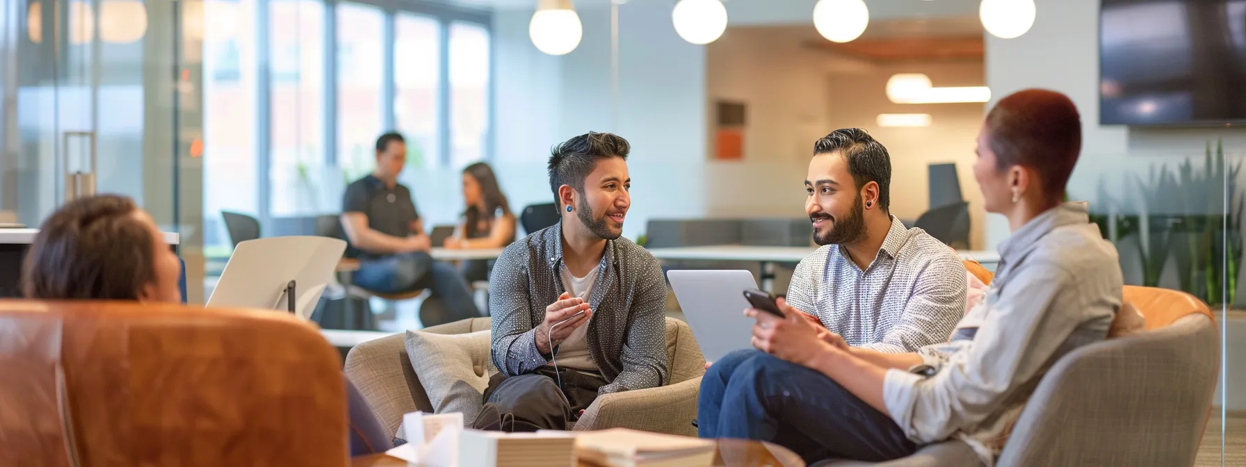 a group of people discussing seo packages and pricing options in a modern office setting.