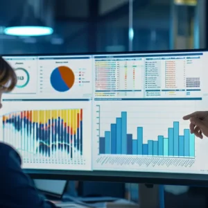 a group of professionals gathered around a computer screen, analyzing data and graphs on searchatlas's advanced enterprise seo software.