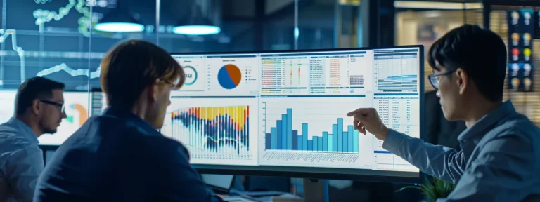 a group of professionals gathered around a computer screen, analyzing data and graphs on searchatlas's advanced enterprise seo software.