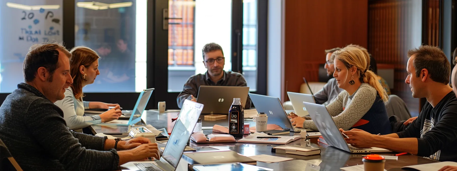 a group of people working together using laptops and discussing strategy to optimize local seo with searchatlas's otto feature.