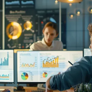 a group of people working at computers in a modern office with graphs and charts displayed on the screens.